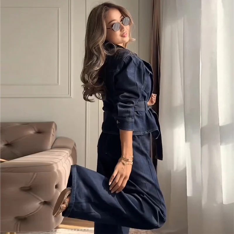 Revers-Taillenbetonende Schnür-Jeansjacken-Hosen-Sets für Damen, Street-Style, Langarm-Slim-Jacken, Weitbein-Hosen, Schicke Damen-Outfits – Detail 25