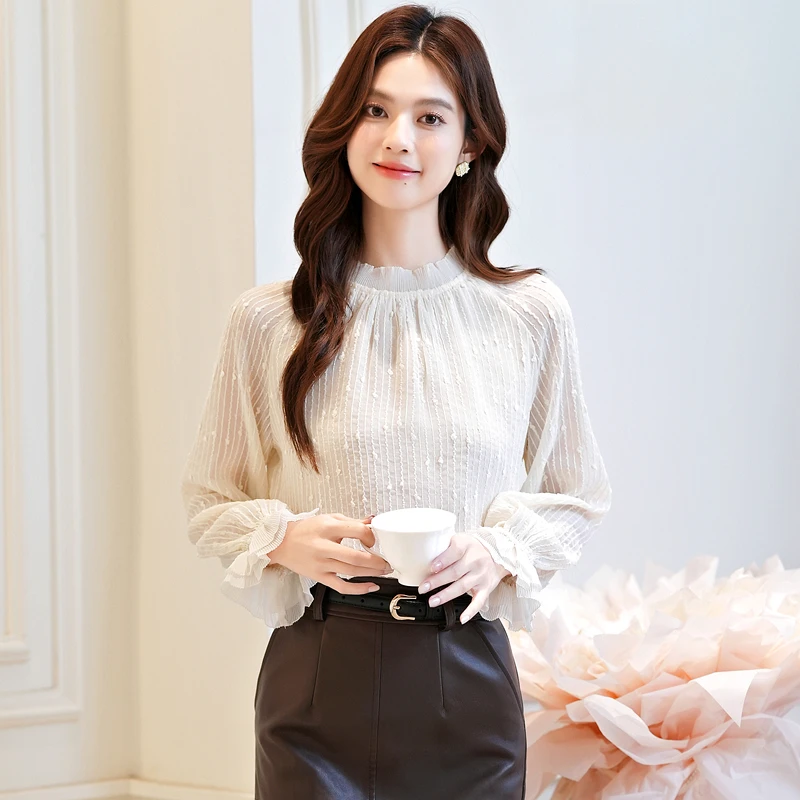 المرأة بلوزة قميص جديد طويل الأكمام الوقوف طوق أنيقة بلوزة شيفون قميص المرأة بلايز البلوزات قمصان Blusas Camisas 2025 Q729