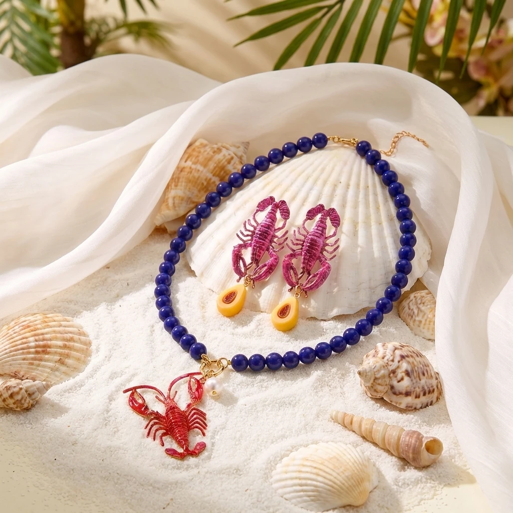Funny Lobster Jewelry Set Beaded Necklace Dangle Earrings for Women Cute Ocean Animal Boho Beach Vacation Accessories