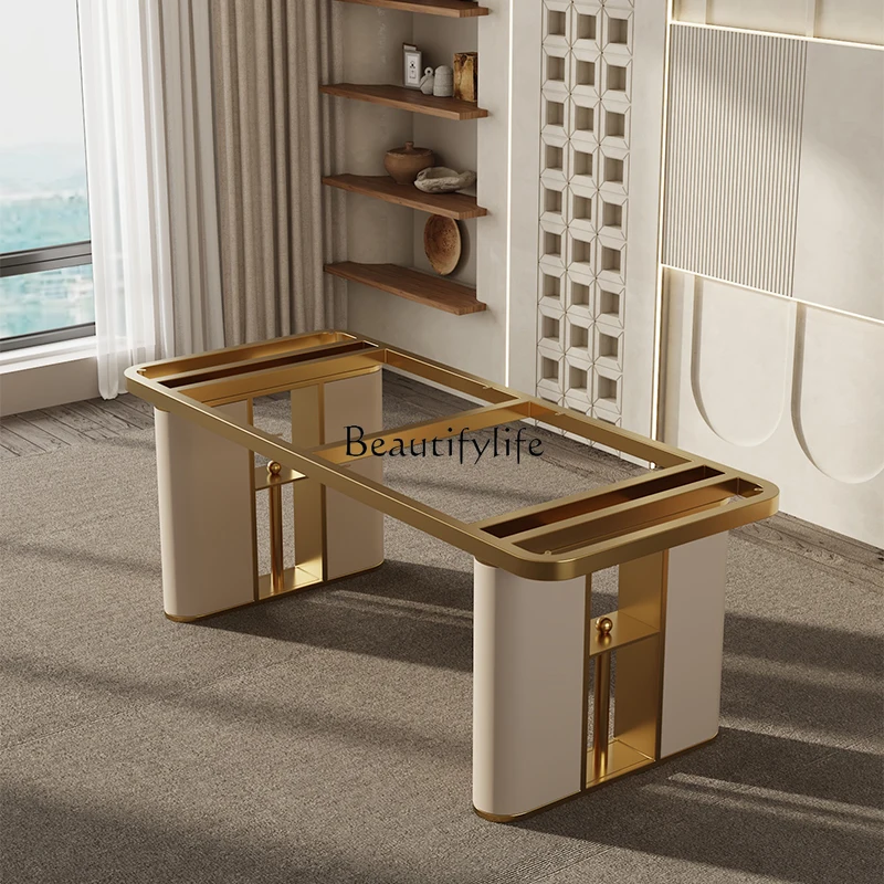 

Italian light luxury high-end table leg bracket stainless steel leather marble rock slab dining table