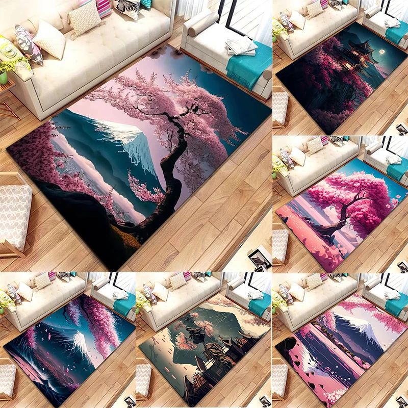 Japanese Style Area Rug Cherry Blossom Temple Mount Fuji Patterns Soft Non Slip Carpet for Living Room Bedroom Decor