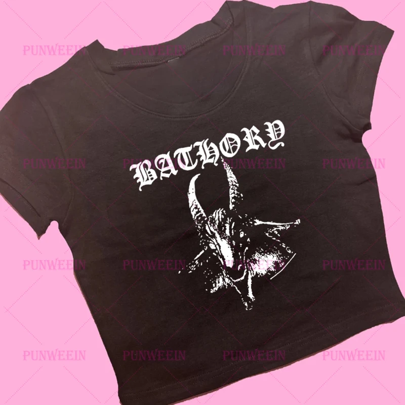 Dark Gothic Goat Graphic Casual Vintage Chic Emo Girls Crop Tops Harajuku Casual Baby Tee Y2k 90s Aesthetic Streetwear T-Shirt
