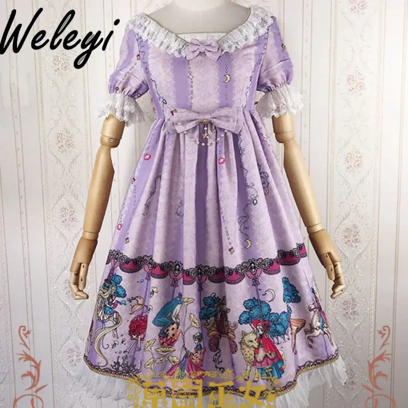 

Princess Lolita Printed Bow Op Dress Mujer 2025 Sprng New Sweet Fairy Short Puff Sleeve High Waist A Line JSK Dresses Female