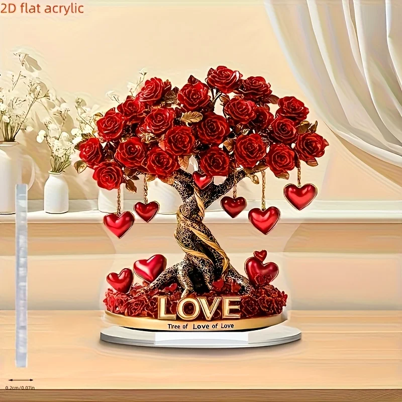 Árbol de rosas acrílico 2D para el Día de San Valentín, atrapasol, testigo de amor, flor decorativa, árbol de rosas romántico, regalos de boda, decoración del hogar