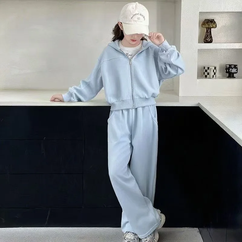 2026 Autumn Teenager Girls Suit Clothes Bat crop Top Jacket Hooded & Wide Leg Pants Tracksuit 4 5 8 10 11 12 14 Years Child set