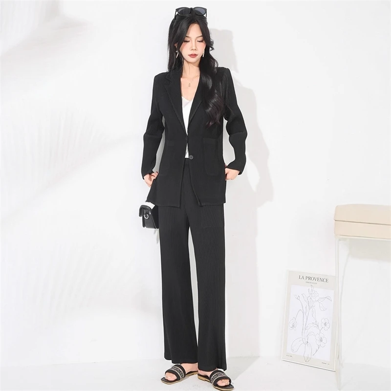 

Miyake 2025 Summer New Pleated Women's Fashion High-end Two-piece Set Elegant Long-sleeved Blazer + Versatile Straight Pants