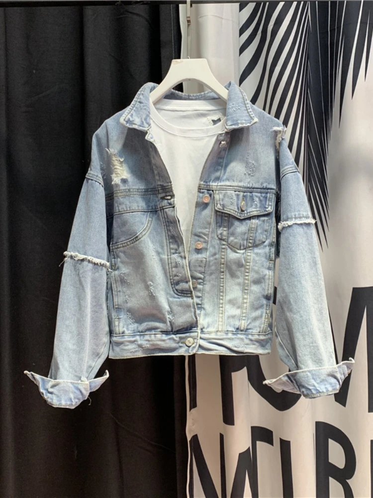2026 New Thin Student Long-sleeved Spring and Autumn Denim Jacket Hole Size Denim Female Short Section Slim