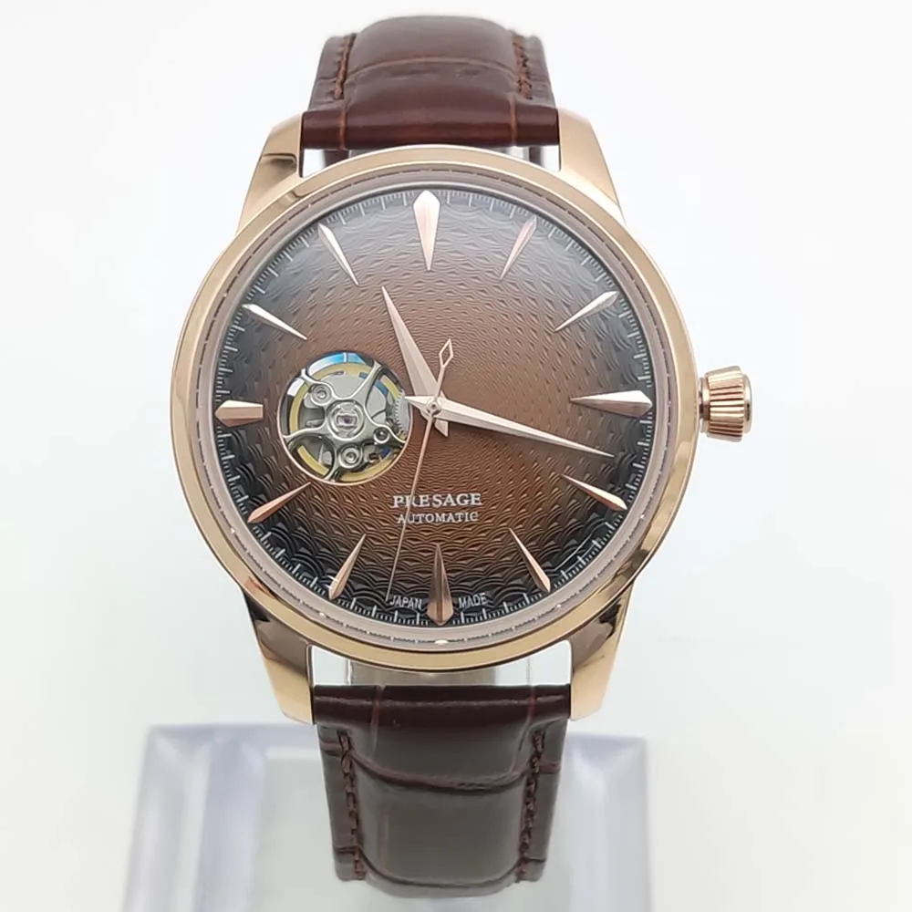 

Stylish Cool Men's Business Rose Gold Watch, Brown Leather Strap, Transparent Case Back, Men's Automatic Mechanical Watch