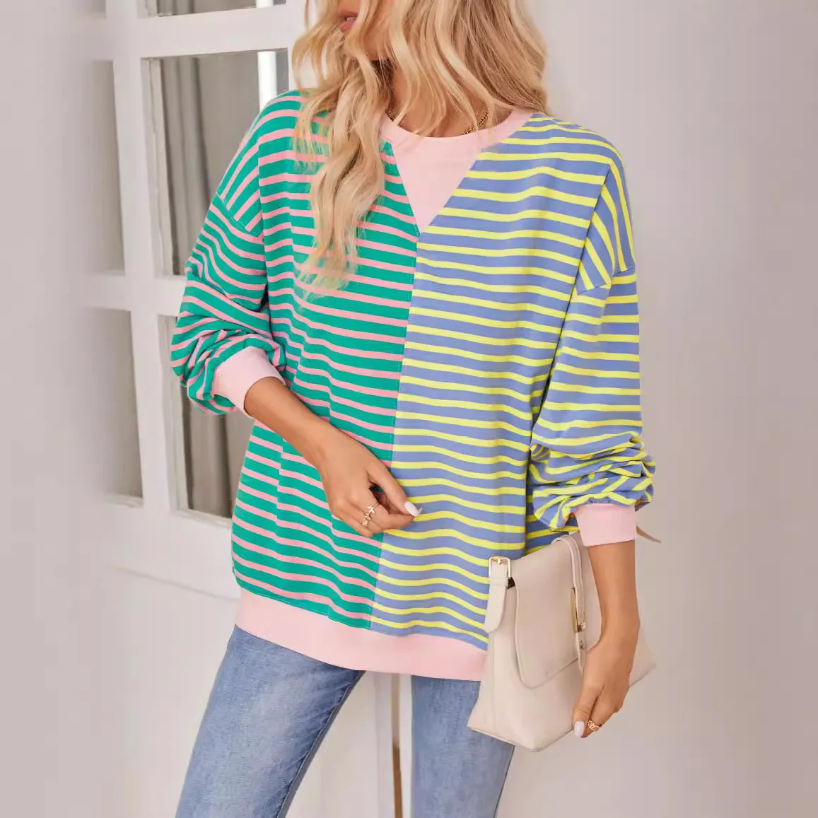 Casual Stripe Long Sleeve Sweatshirt Colorblock Patchwork Crewneck Sweatshirt Hooded Oversize Cozy Sweatshirt Women Lite Top