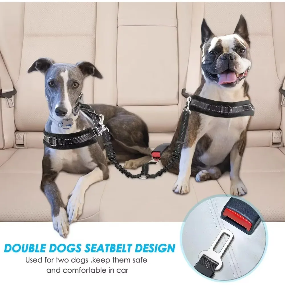 Double Dog Seatbelt Adjustable Vehicle Safety Leash with Elastic Protect Shock Reflective Dog Restraint for Pet Safety Seatbelt