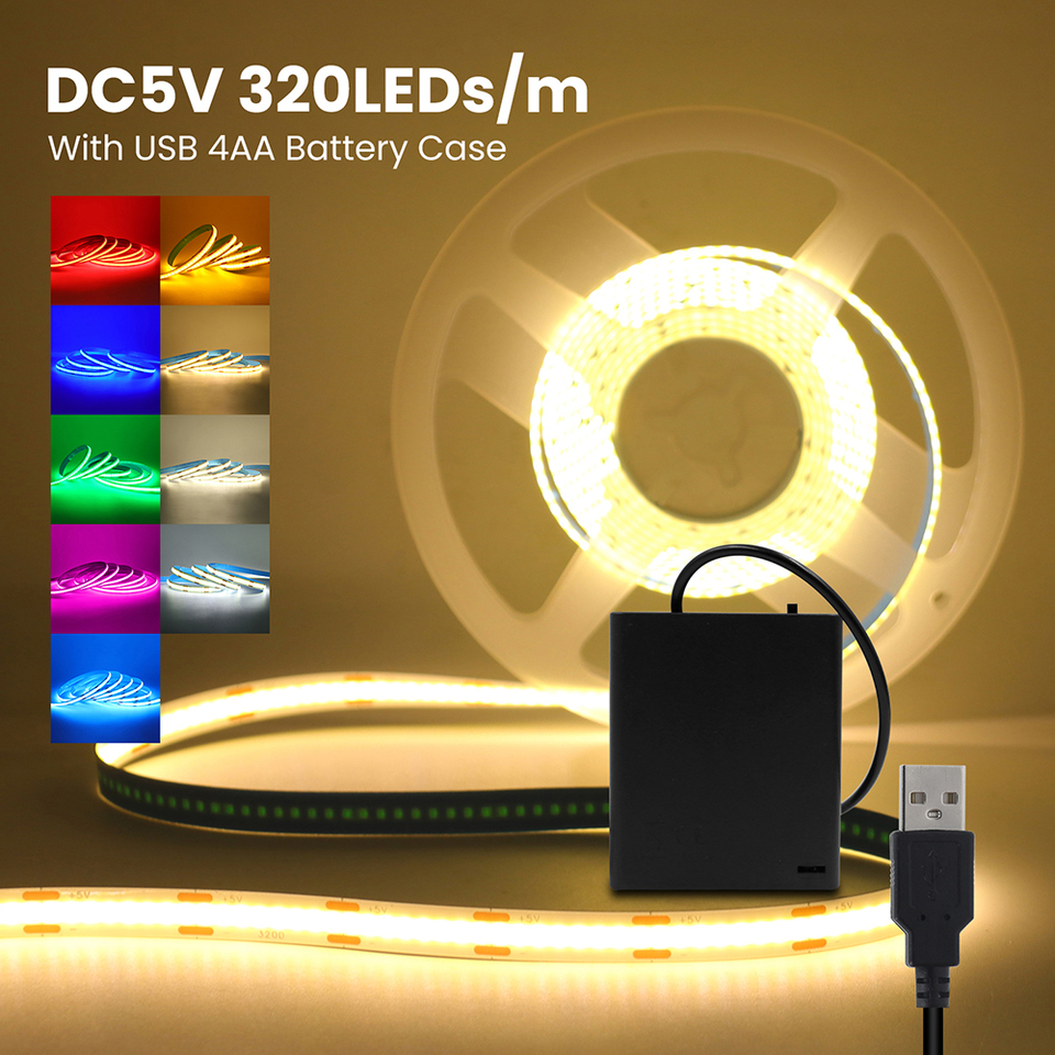 3mm 5mm 8mm PCB COB Led Strip Light with Switch USB Battery Power 5V DC White Red Yellow 320LEDs/m Flexible Adhesive Tape Lamp