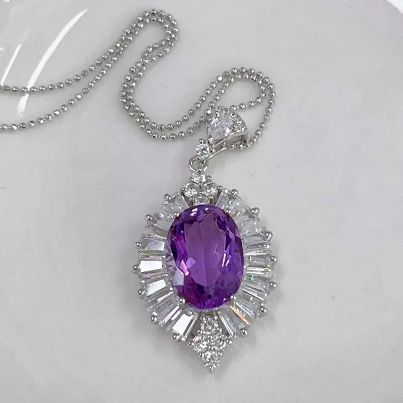 SACE GEMS Luxury 100% S925 Sterling Silver 10*14MM Natual Amethyst Pendant Necklace for Women Cocktail Party Fine Jewelry Gift