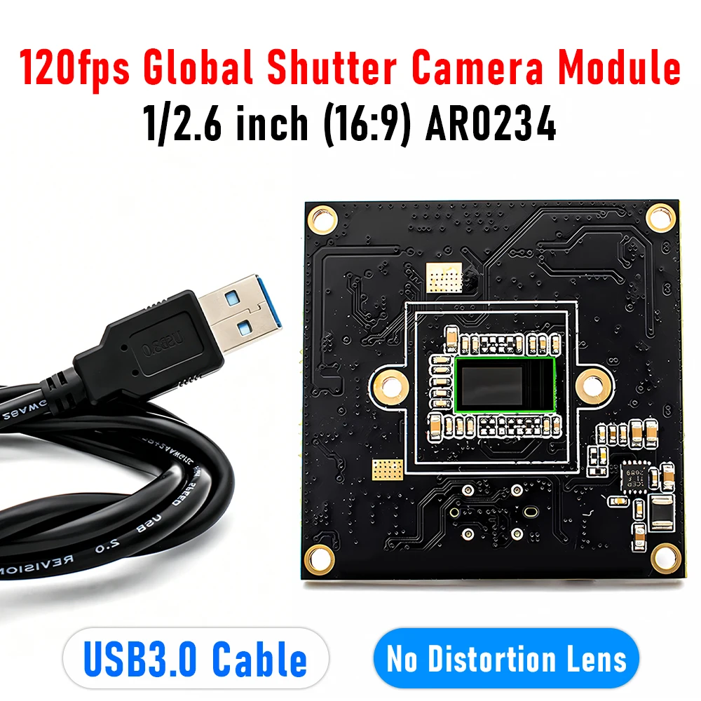 2.3MP 120FPS Global Shutter USB 3.0 Camera Module AR0234 1/2.6 Inch No Distortion M12 Lens Industrial Machine Vision Plug & Play