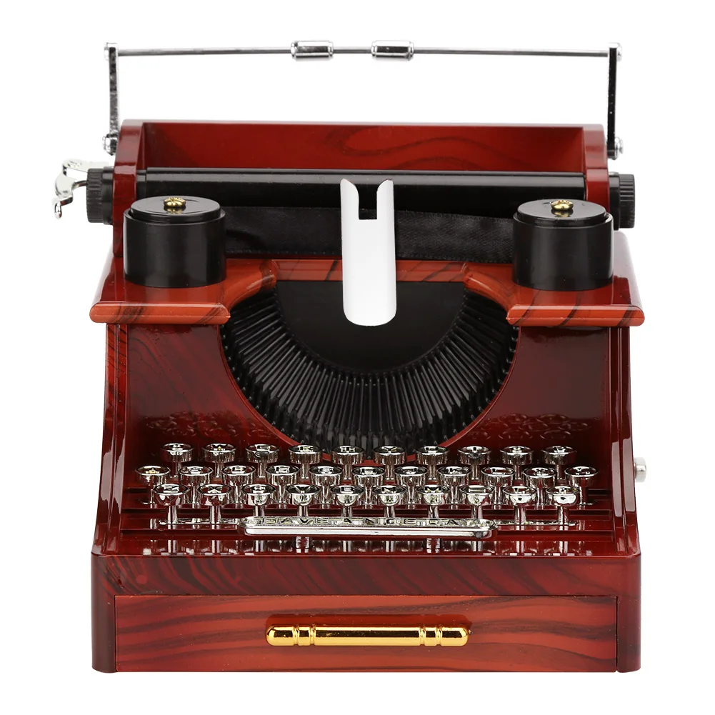 Mini Classic Music Box Typewriter Model 8 Notes Hand Cranked Music Box Clockwork Type Wood Metal for Kids Adults Home Decoration