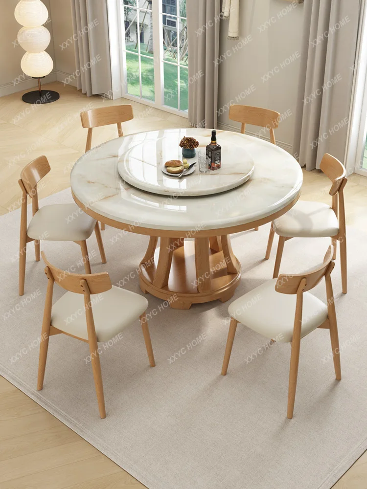 

Dining Tables and Chairs Set Modern round Table Stone Plate Solid Wood with Turntable