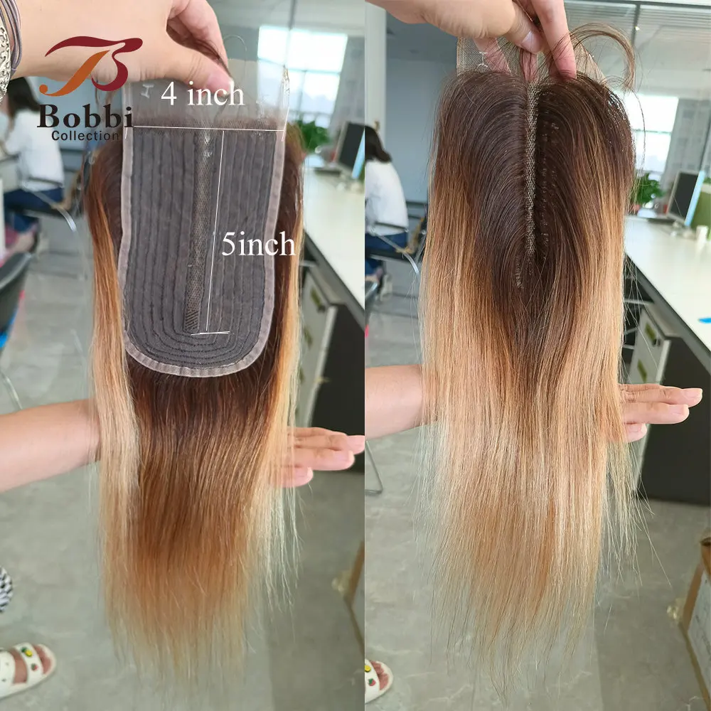 Ombre Brown Blonde Lace Closure Middle Part 12 inch T4/27 Transparent Lace Remy Human Hair Bobbi Collection