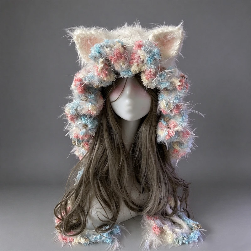 Handmade Solid White Cat Ear Beanie Women Winter Custom Crochet Fluffy Floral Knitted Hat Girl Cosplay Lolita Kawaii Warm Cap