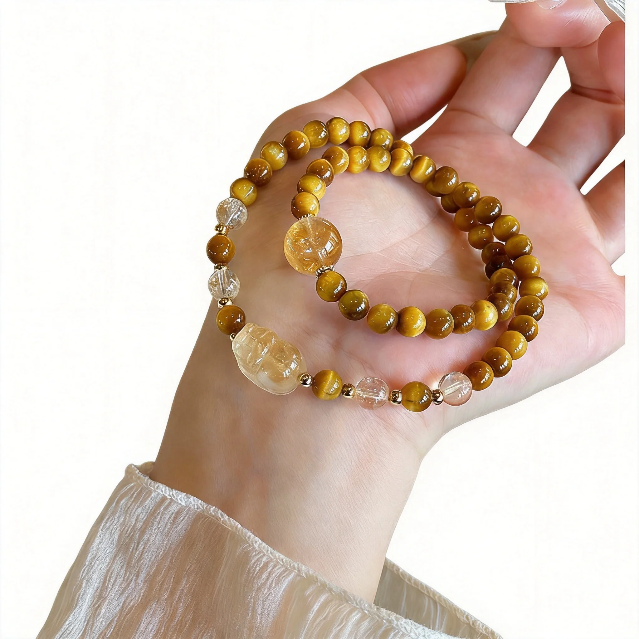 Lucky Chinese Style Double Layer Yellow Tiger Eye Stone Bracelet With Citrine Pixiu Charm For Wealth Fortune Blessing Women Men