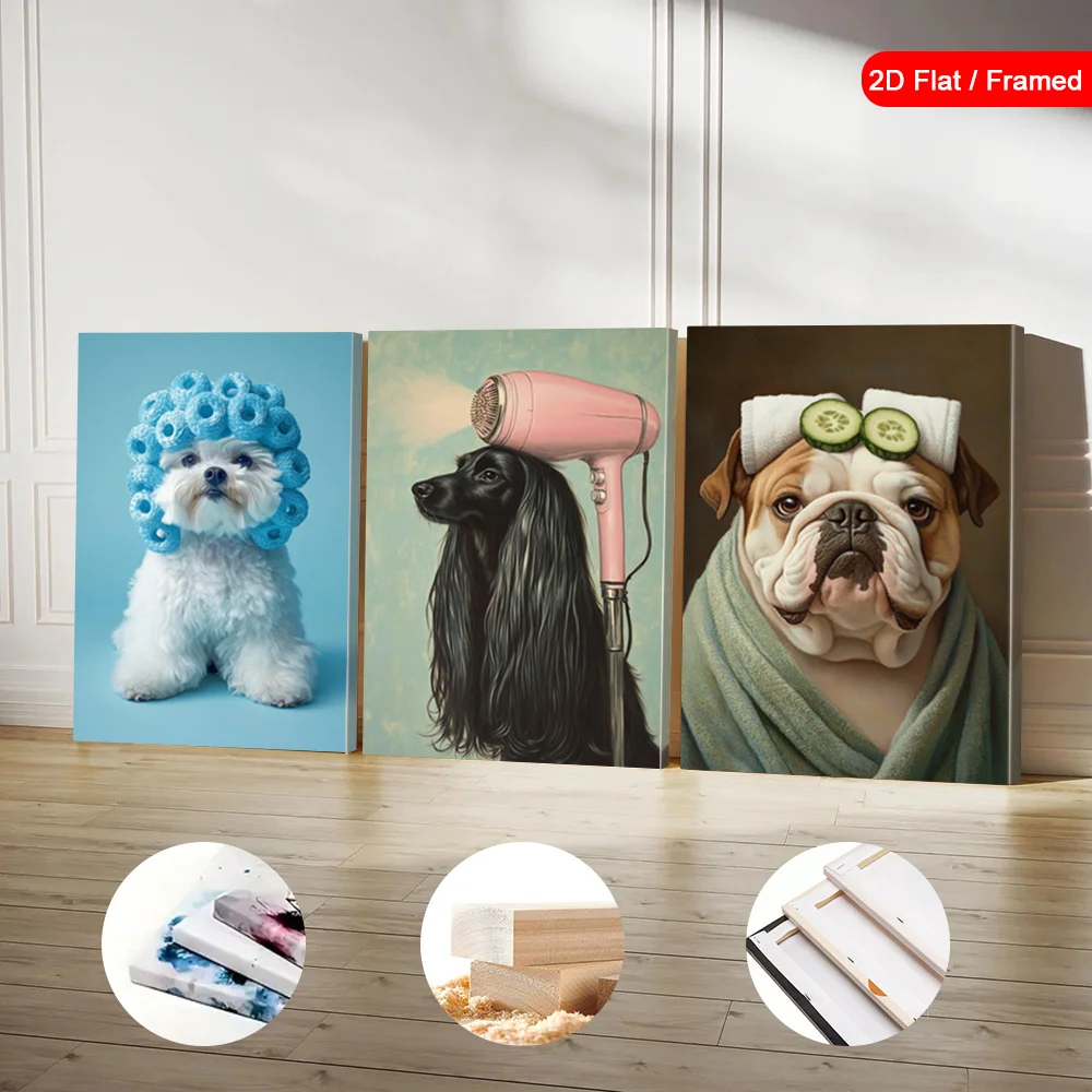 （NO Frame 3PCS）-2D Flat, 3pcs Framed Pet Spa Art Prints - Modern Farmhouse & Art Deco Style Canvas Wall Decor with Cucumber T