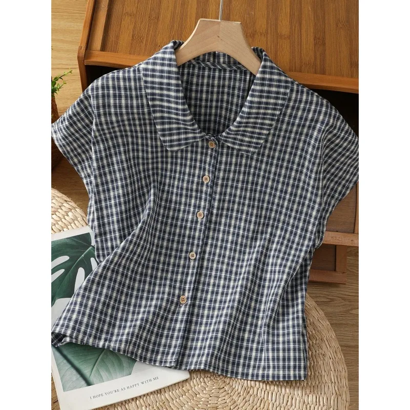 

Women's Plaid Peter Pan Collar Blouse Cap Sleeve Button Down Casual Loose Checkered Top