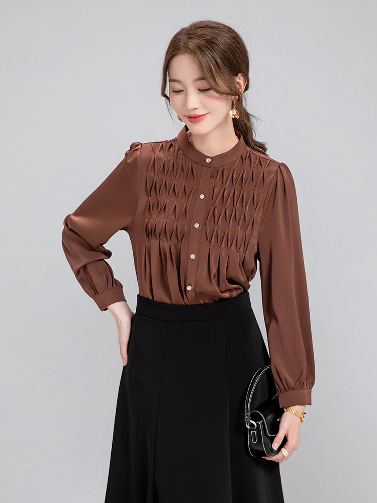 

Женская рубашка, однотонная элегантная плиссированная атласная рубашка с длинными рукавами и пуговицами, воротник-стойка, офисная женская верхняя одежда, повседневная деловая одежда