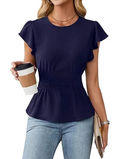 Women Ruffle Short Sleeve Blouse Round Neck Elastic Waist Peplum Tops Casual Solid Color Slim Fit Shirt view 5