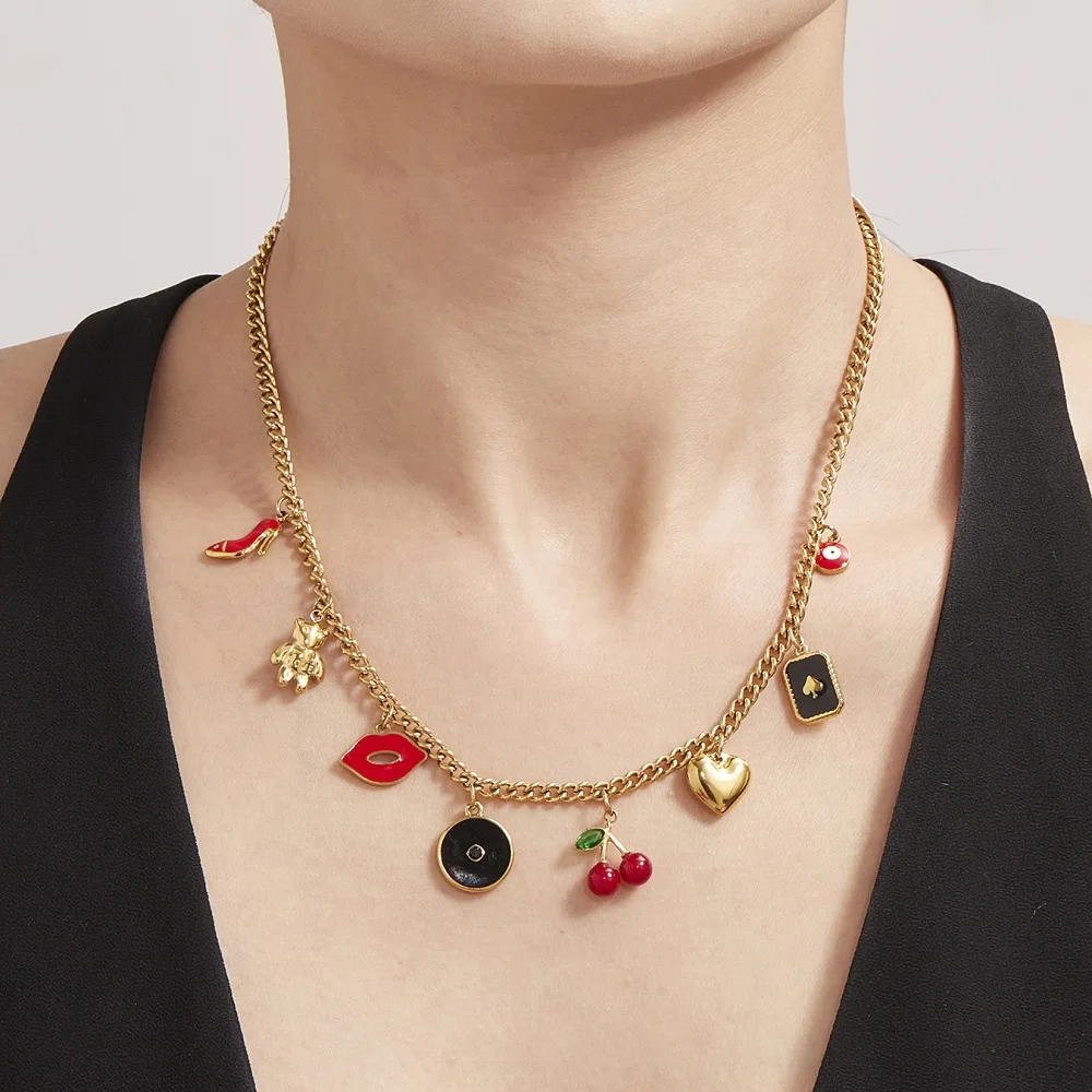 

ENFASHION Para Mujer Bear lip Shoe Heart Small Charms Pendant Chain Necklace For Women's Stainless steel 18K Plated Gold Jewelry