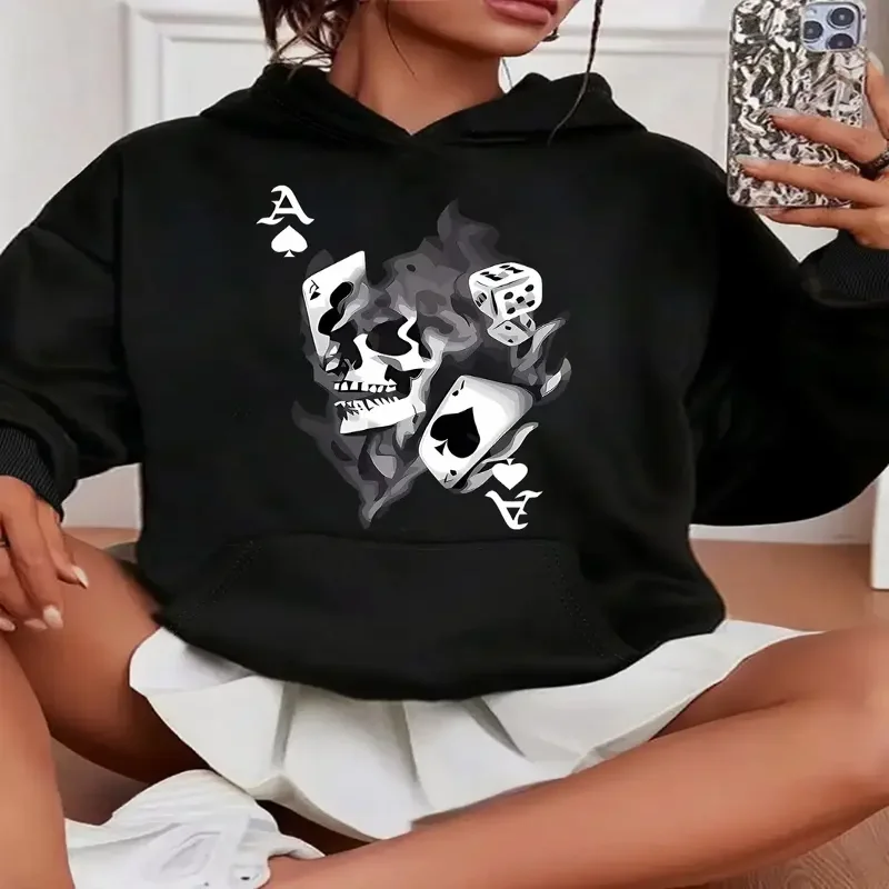 womens-black-skull-poker-graphic-hoodie-casual-long-sleeve-pullover-comfortable-fabric-kangaroo-pocket-machine-washable