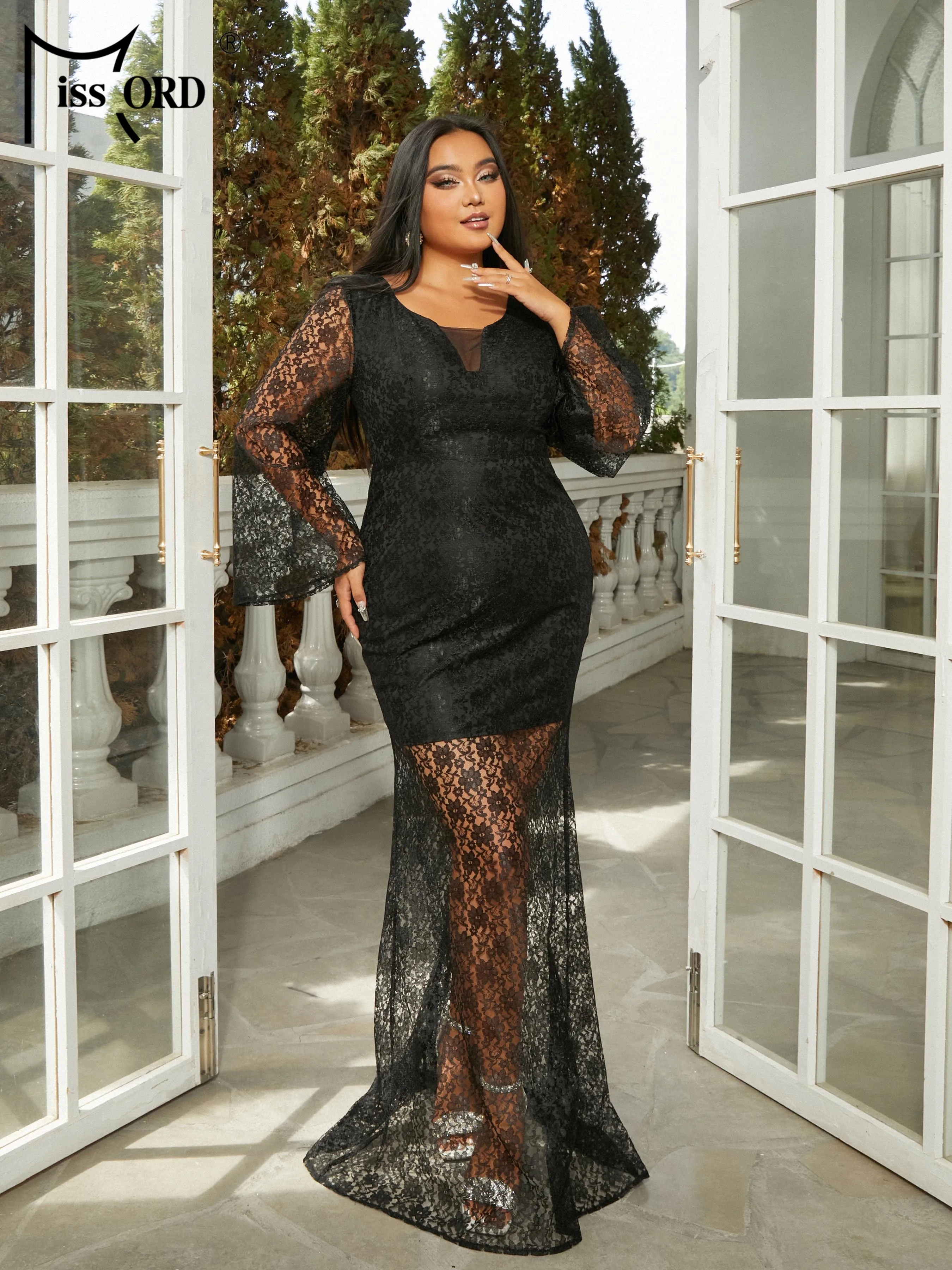 Missord 2024 New Plus Size Round Neck Flare Sleeve Black Mesh Prom Birthday Party Dress