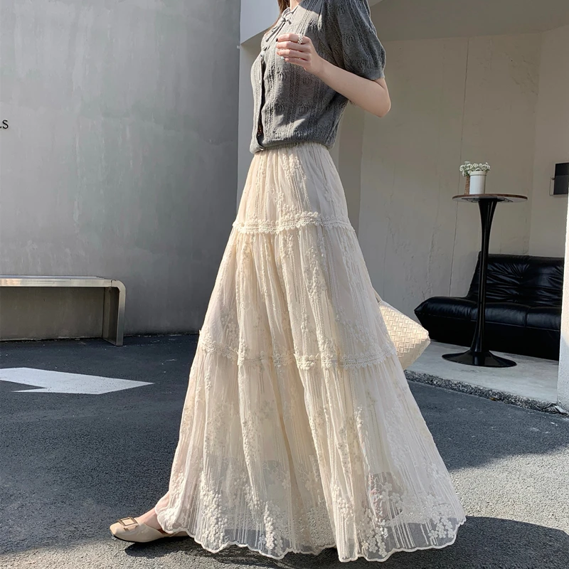 Ele Heavy Embroidery Lace Floral Net f Skirt under Skirt High Waist A-Line Long Skirt Women's Premium Faion