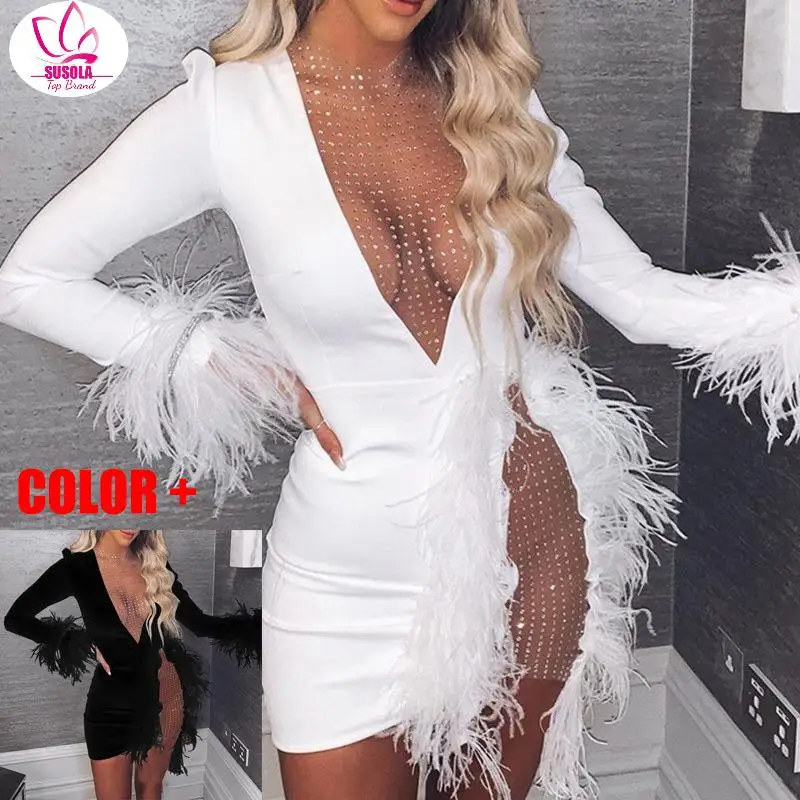 SUSOLA V Neck Feather Diamond Sexy Dress White Black Women Long Sleeve Autumn Winter Club See Through Mini Party Dresses