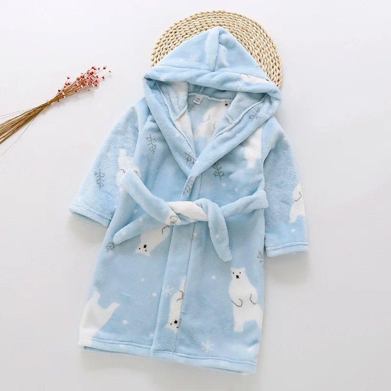 Thickened Warm Flannel Children Bathrobe Boy Robe Home Wear Cartoon Hooded Girls Pajamas Long-Sleeved Nightwear Kids Sleepwear