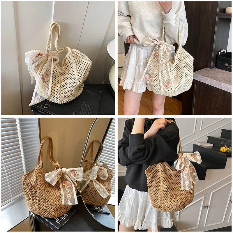 Tas Pantai Musim Panas Wanita Dompet Bahu Pita Renda Jaring Tenun Dompet Warna Polos Kapasitas Besar untuk Belanja Perjalanan Liburan