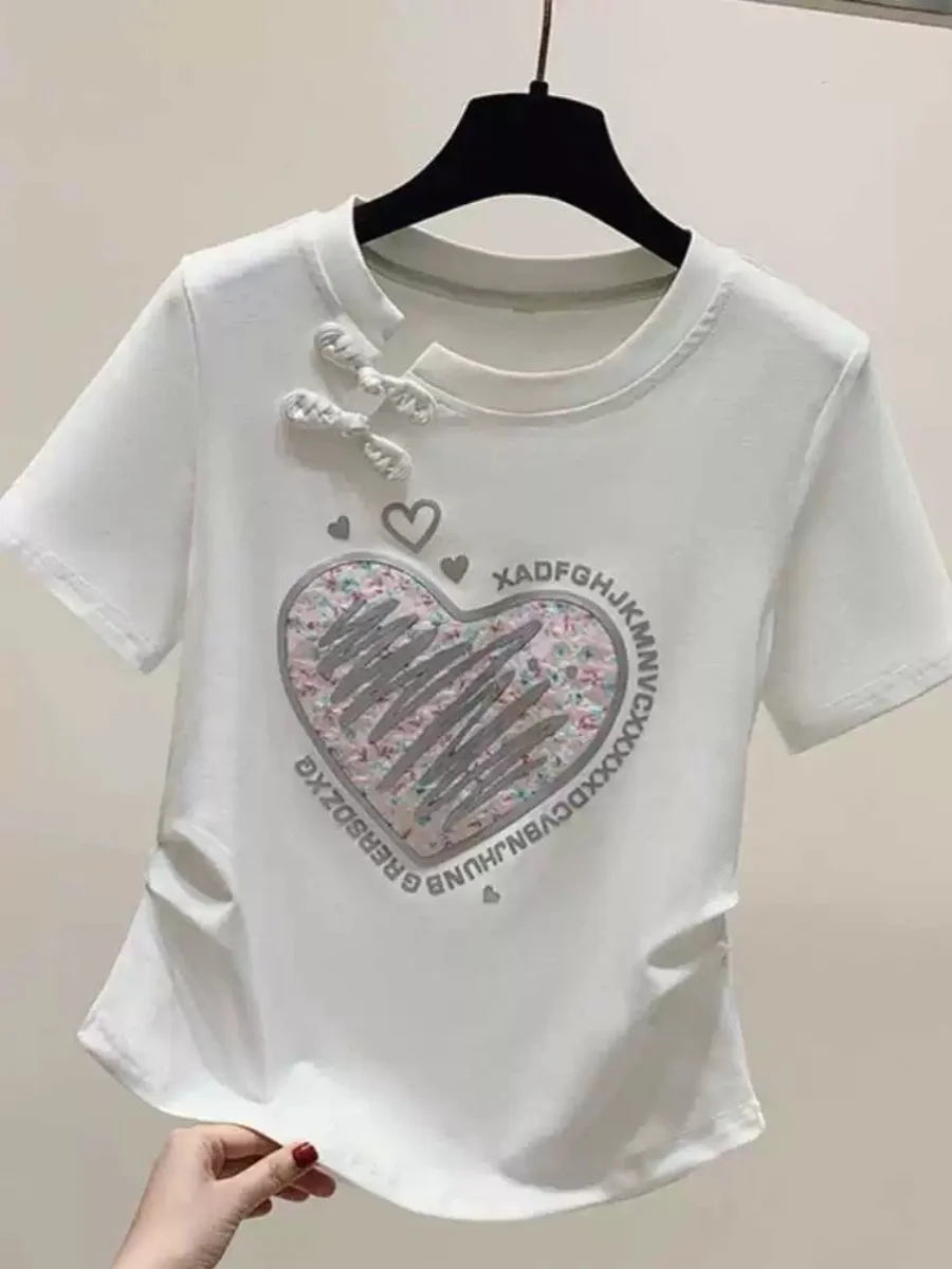 New Chinese Style Women's T-Shirt Short Sleeve Gathered Waist Retro Button up Summer Cotton Retro Embellished Commute Style