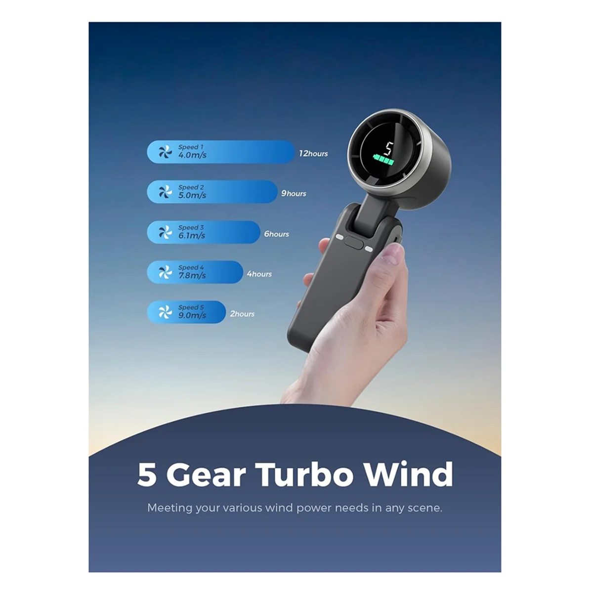 Ventilador turbo portátil de mano, viento de 5 velocidades, funciona con pilas, hasta 12 horas de trabajo, ventilador de mano con Air Turbo Tech negro