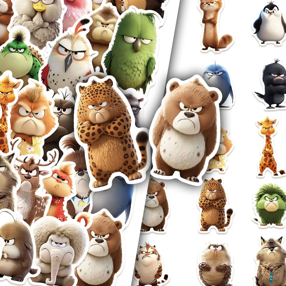 50Pcs Angry Funny Animals Stickers Waterproof Reusable PVC Decals With Whimsical Designs for Laptops Water Bottles Skateboard
