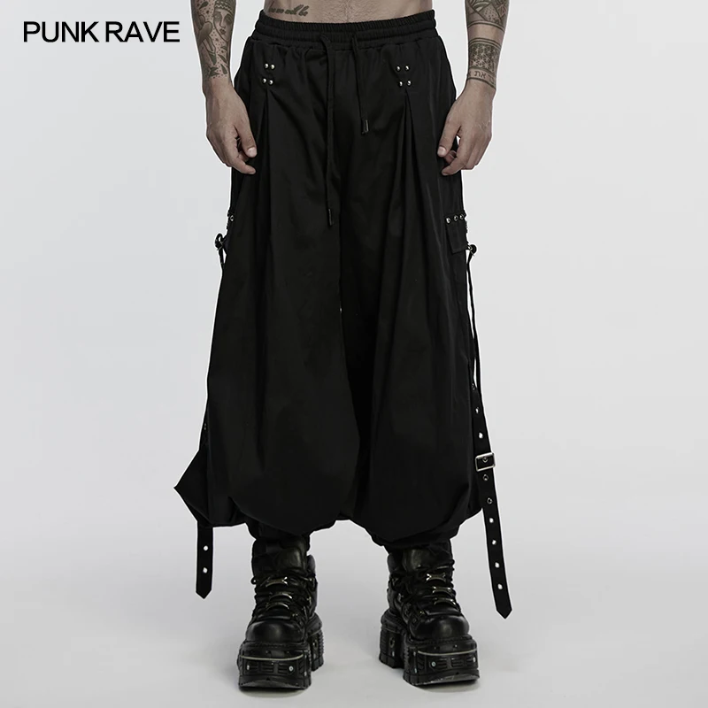 

PUNK RAVE Men's Cyberpunk Loose Design Handsome Look Cuffed Trousers Layered Pleats Casual Techwear Free Style Fashion Pants