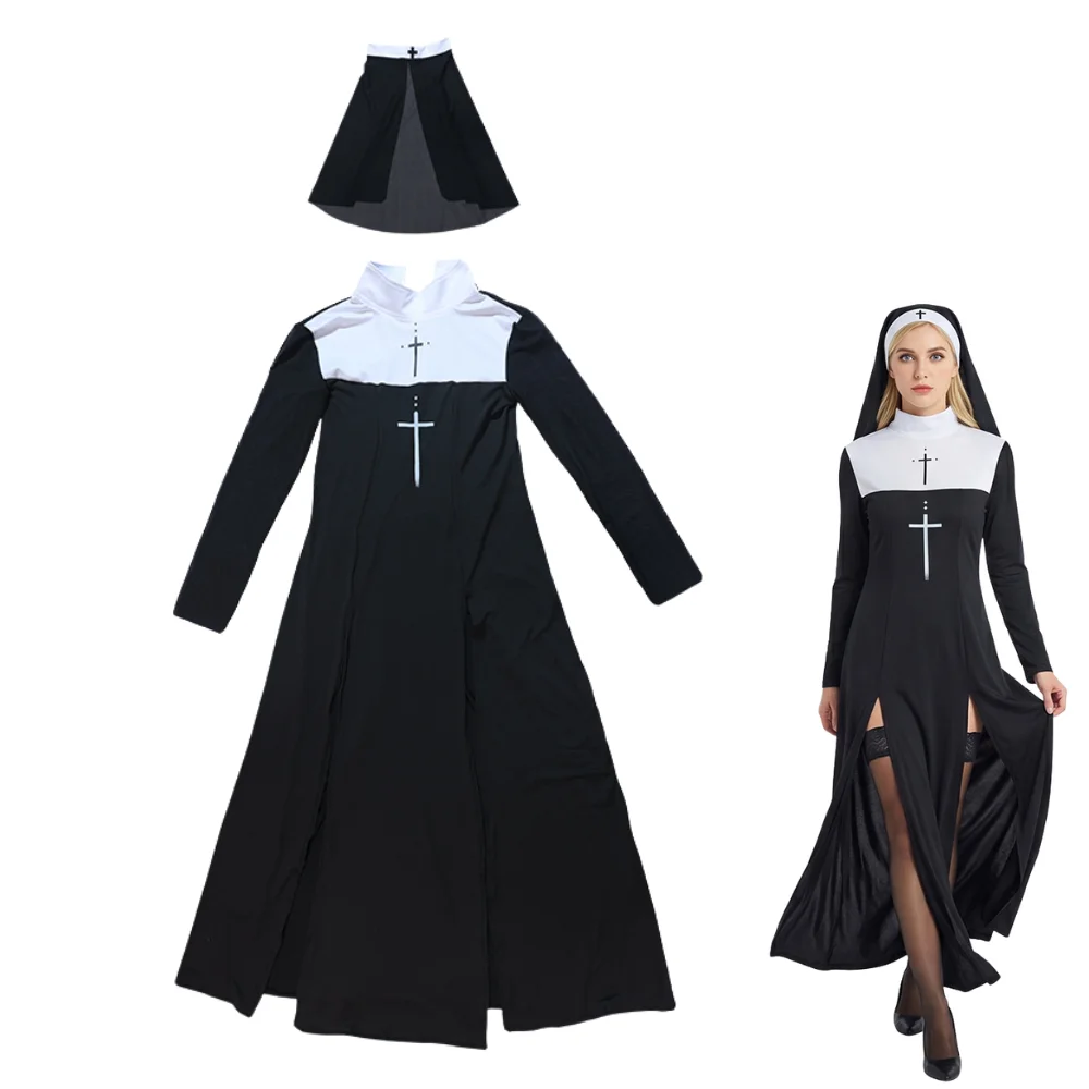 Halloween Nun Cosplay Costume Women Black Vampire Fantasy Dr