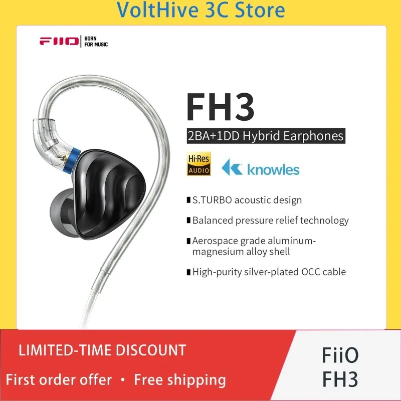 FiiO FH3 Hybrid IEM 2BA 1DD Knowles Beryllium‑Plated Dynamic S.TURBO Acoustic Alloy Shell MMCX for HiFi Audiophile Music Lovers