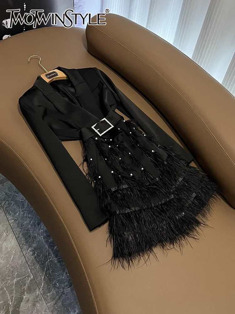 

TWOTWINSTYLE Solid Temperament Dresses For Women Lapel Long Sleeve Patchwork Feathers Sashes Slimming Dresses Female KDR516133