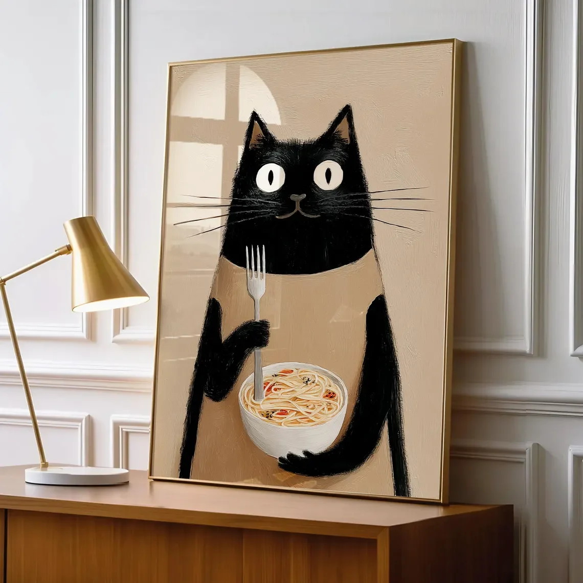 Cozy Pasta Cat Wall Art - Charming Print Celebrating Culinary Joy. The soft beige backdrop and warm tones create a gentle, invit