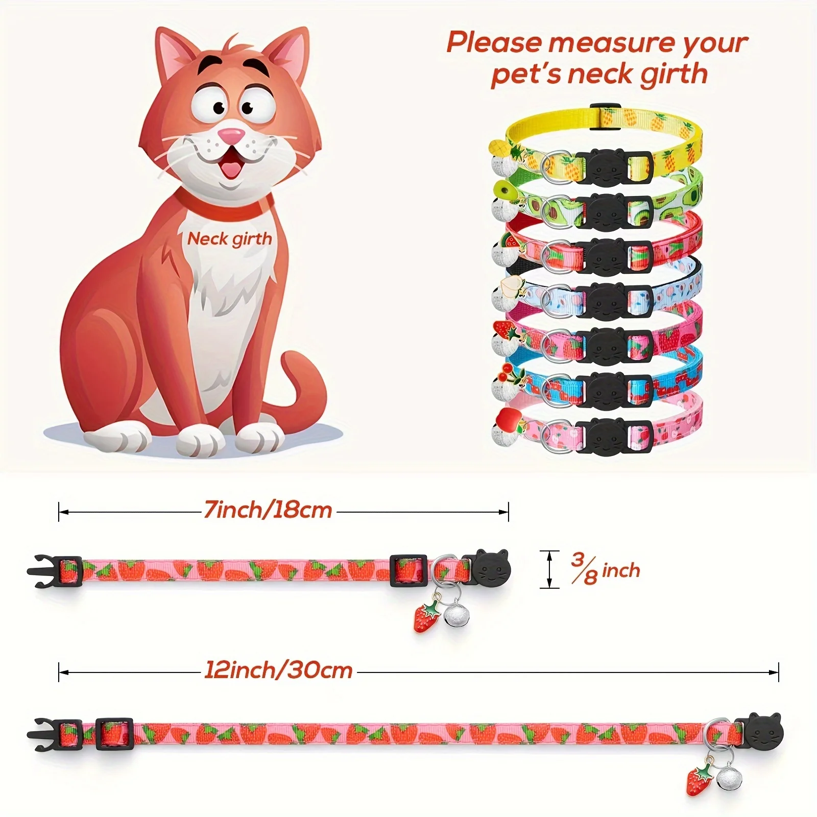 Katzenhalsbänder mit Fruchtmuster, 7er-Pack, Katzenhalsbänder, Fruchtmuster, abreißbare Schnalle, reflektierendes Sicherheits-Kätzchenhalsband mit Glöckchen und Anhänger – Detail 6