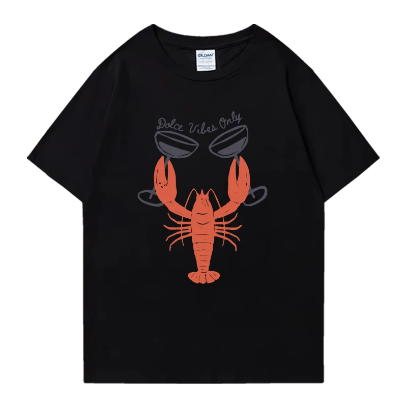 Hot sale Lobster and wine glass Graphic print short sleeve Tee shirt Summer Top 100% Cotton Men Women Oversized Unisex t-shirt
