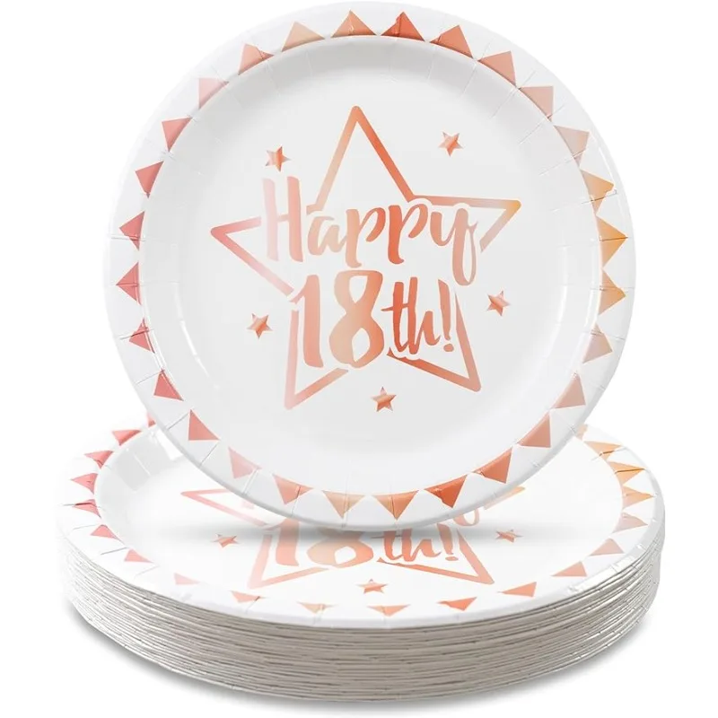 

24PCS 18th Happy Birthday Disposable Plates Rose Gold Guest Tableware for 18 Years Anniversary Birthday Party Paper Plates Decor