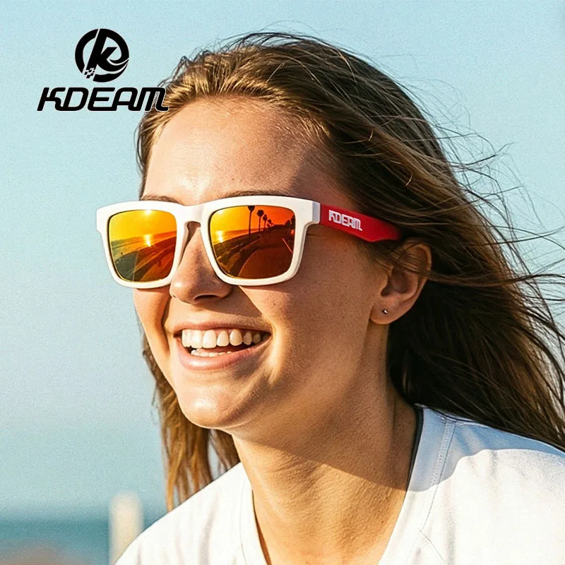 Neueste hochwertige Damen-Sonnenbrille der Marke KDEAM, farbenfrohe polarisierte Outdoor-Brille mit reflektierender Beschichtung, verspiegelte Brille