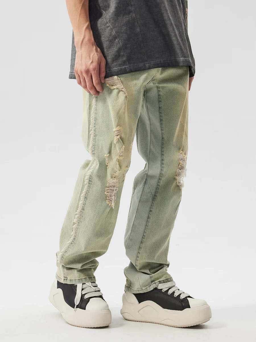 Men's 2024 Summer American Style Denim Trousers Trendy High Street Hole Jeans Yellow Mud Wear Through Loose Straight Denim Pants