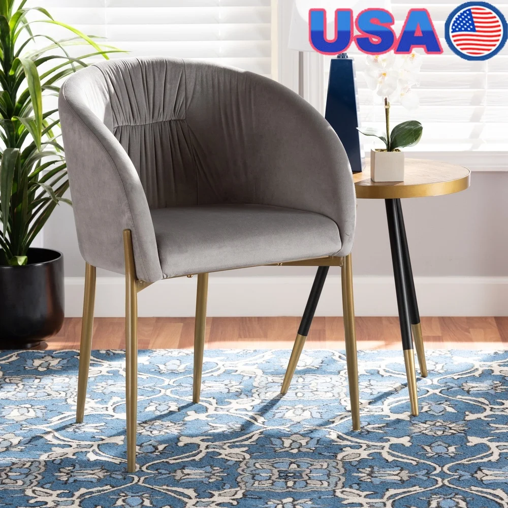 

Elegant Velvet Upholstered Dining Chair with Gold Metal Legs Cinched Backrest Comfortable Indoor Seating Stylish Design Dining