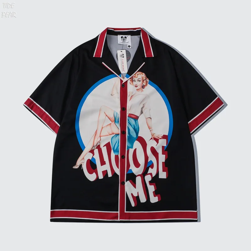 Spring summer men's fashion brand street digital print polyester youth baggy lapel shirt shorts set