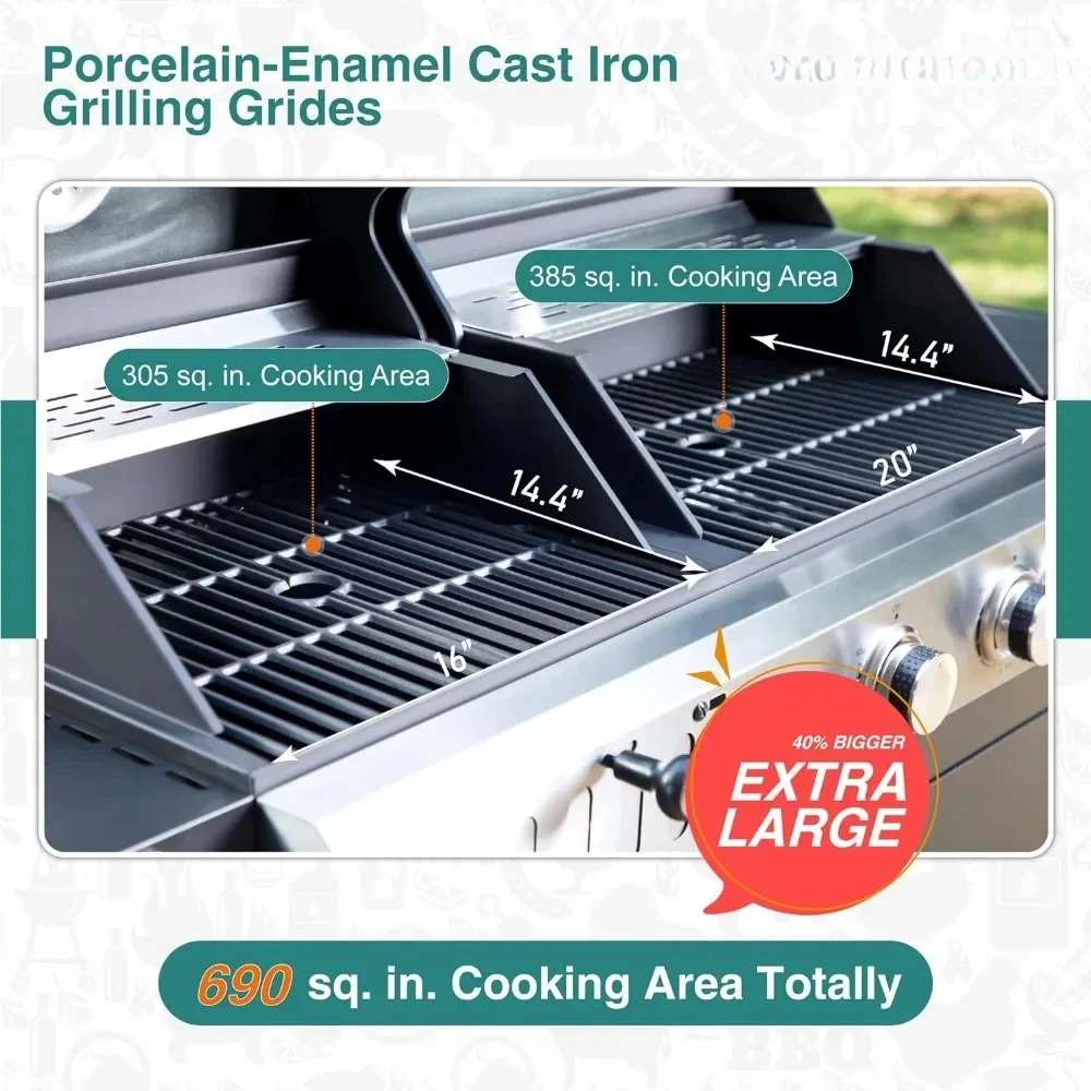 Propane Gas Grill and Charcoal Grill Combo With Side Burner & Porcelain-Ename Cast Iron Grate Boning Knife Cookware Bbq Tools