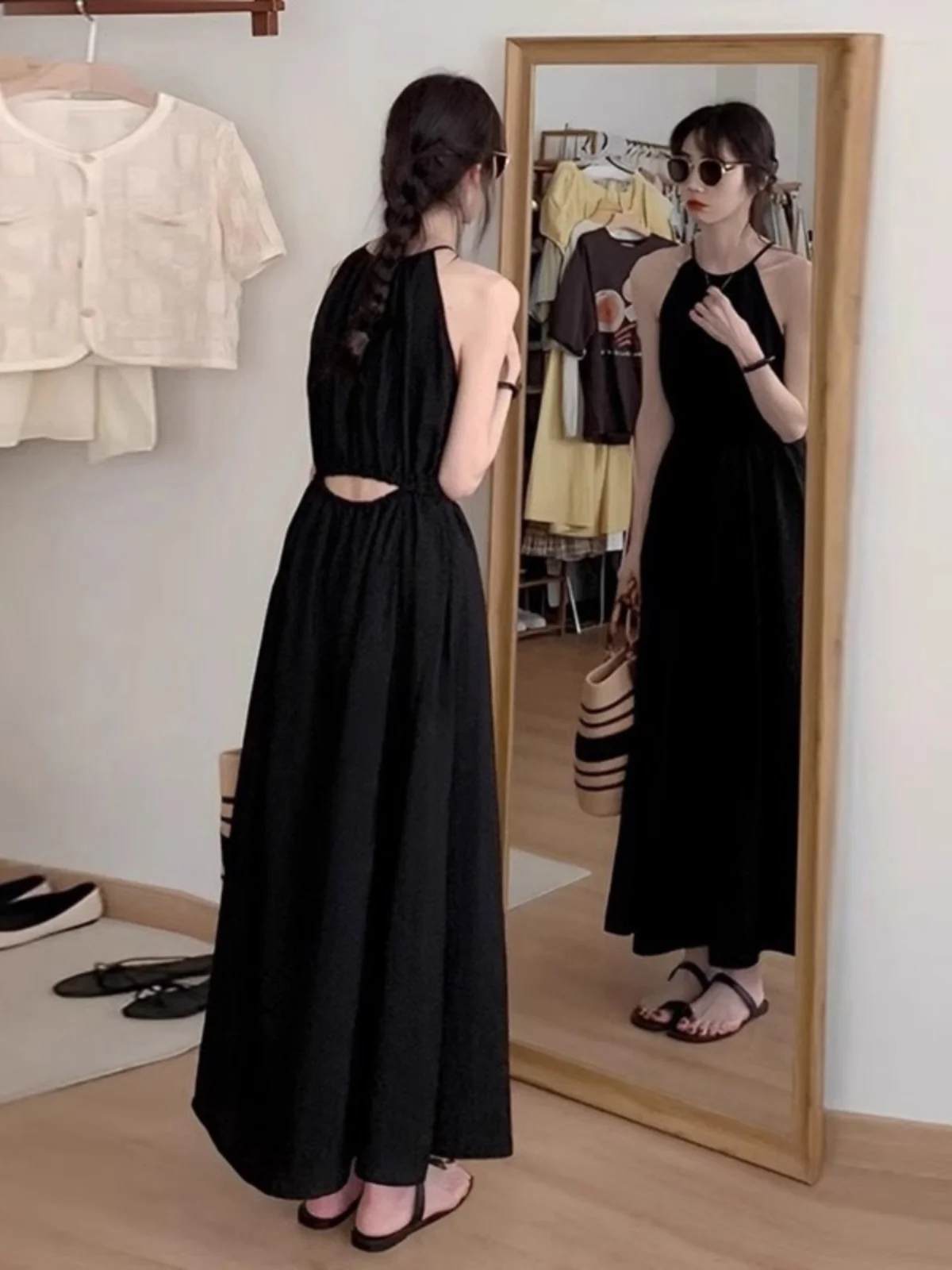 

Black Sleeveless Neck Hanging Dress Women's Summer Design Sense Holiday Waist Cinching Slimming Long Dress Hollow out Back Hi...